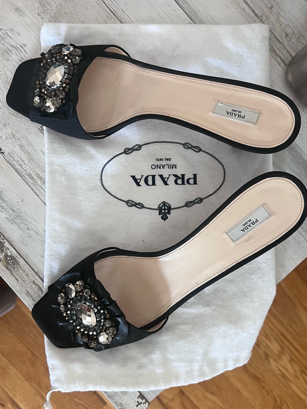 Prada Black Jeweled Satin Slide Mules